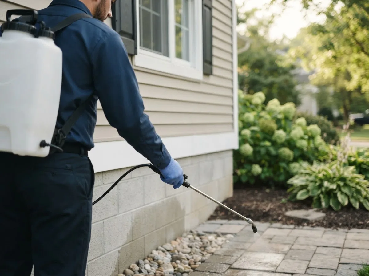 Pest control technician inspecting a home in Alsey, IL